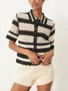 Solitaire Crochet Cardigan Top Black and Cream Stripe Large Cottagecore Boho